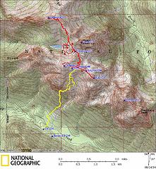 GPS Track (yellow lines are approach with packs, red lines are side trips to summits)