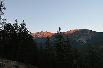 Early morning alpenglow on Mt Fury and the Fury Glacier from high
