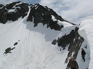 Coming out of the cornice ledge.  Ridge we ascended is behind on right.  Gully we descended is behind in center.