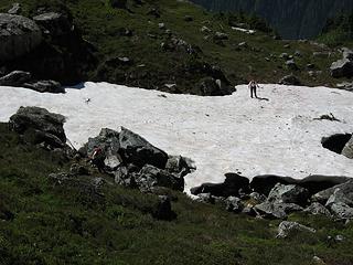 Crossing some snow (note: giant Gunn Peak mosquito)