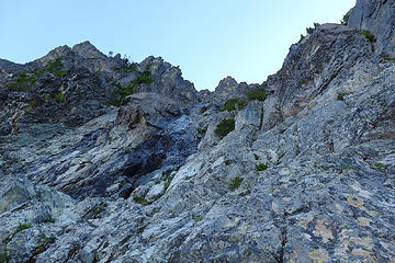 The steepest section of the lower gully. We scrambled up all of this except for one short roped pitch.