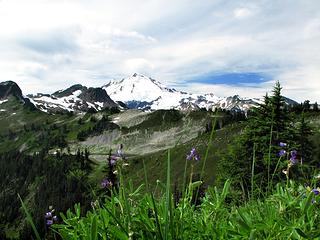 Mt Baker with Lake Ann and flowers in the foreground