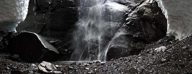 Snow Cave III, base of falls. Note the absence of icy breakdown.