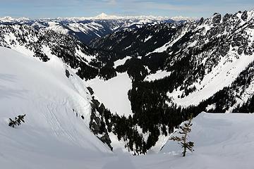 Looking down off the summit to our tracks on Glacier & Surprise Lakes