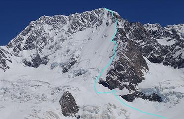 Our route up Mount Cook; notice all the leftward traverses