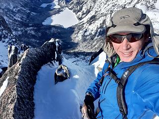 On the summit looking down at Snow Lake