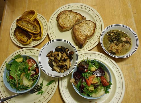 broiled swordfish steaks with pan fried scallops, delicata squash, shitake mushrooms, and salad 07/22/21