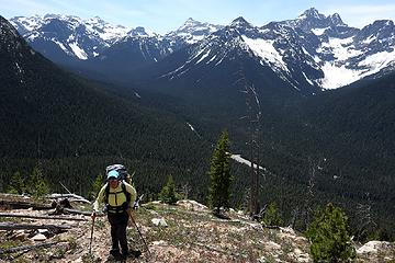 Carla ascending through the burn, with the parking area still visible below