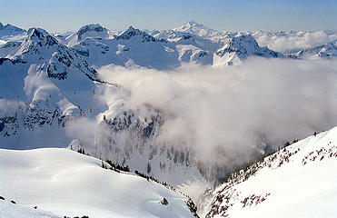 Fog clearing to the south.  (Labeled with peaks we climbed on a later Bruseth trip.)