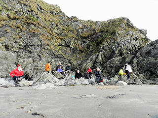 Lunch time with the gang hiding from the wind on the West side of the rock