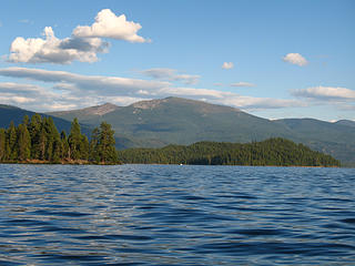 Kalispell, Papoose, and Bartoo Island infront of Sundance Mountain, Priest Lake, Idaho.