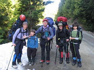 Five sixths of the crew saddled up at the parking spot (3 miles up Road 13; ~ 2850 ft) and ready to head up!