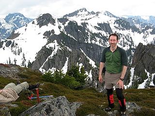 Matt on Not-Liberty summit, with Phelps & Red, ascent basin is below