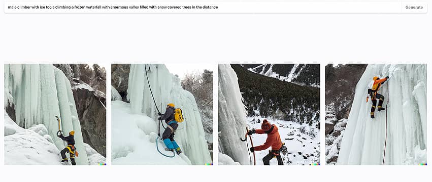 male climber with ice tools climbing a frozen waterfall with enormous valley filled with snow covered trees in the distance