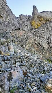 the boulder is just under the spire, stay left and climb to the notch in the ridge