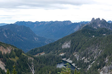 View down the Middle Fork valley, Garfield on right, Green Ridge lake below