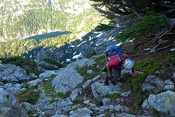 Between the 1st and 2nd snow fields. We took a short break just above here.