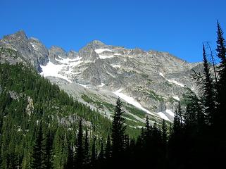 A good route up Copper traverses low and to the right across the greenery, then up the snow ramp in the center of the picture, then right onto the East face (rock), then angle up and left to the highest snow patch.