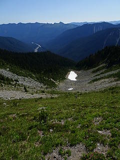 View down from higher up. We entered this valley near the snow patch.