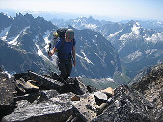 Jake reaching the remote summit of West Fury in the Picket range