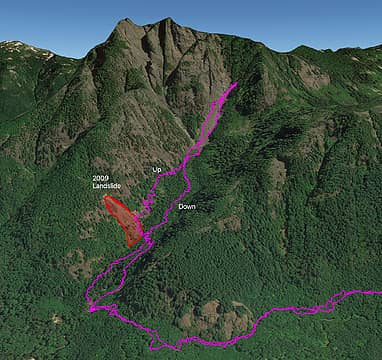Route on Google Earth vs 2009 landslide