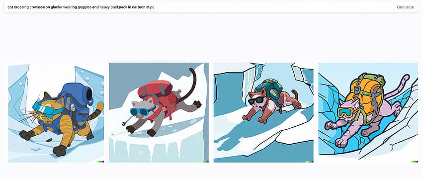 cat crossing crevasse on glacier wearing goggles and heavy backpack in cartoon style