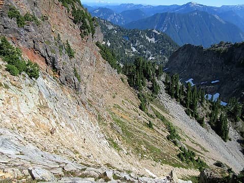 Down the steps, across the ledges, then onto the well-groomed scree-ski runs!