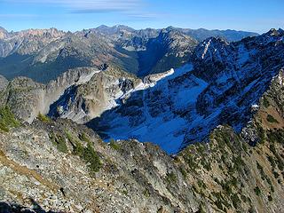 Looking east past cartman on Frisco-Rainy crest, to east ridge of Rainy, and Copper Creek/Stiletto (tomorrows destination)