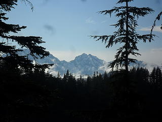 Warrior Peak center, Constance behind the tree on the left, Cloudy Peak behind the tree on the left.