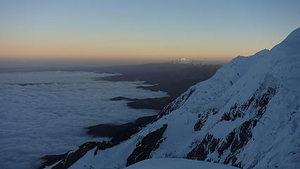 First rays of sun hit Huayna Potosi to the NW
