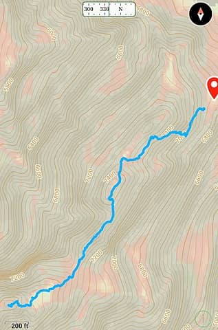 route detail with slope angle shading underlayer (Gaia Topo). Waypoint is the 6840 saddle/col.