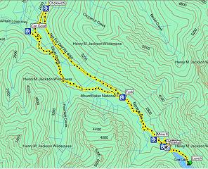 10.9 miles RT 
1941 accumulated feet elevation 
3223 feet max elevation 
7.5 hours, car to car including lunch and 247 photos. 
Goat Lake hike, mtn loop Highway, WA, 6/19