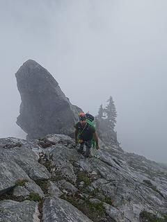 The prominent gendarme 100 feet below the first technical pitch