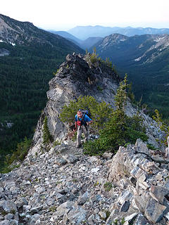 Steve enjoying the predominantly class 3 ridge with the North Fork Entiat River Valley in the background.