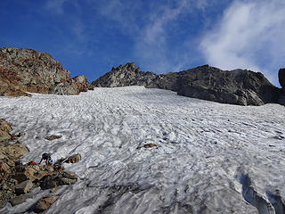 Preparing to ascend snowfield below summit.