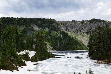 Eunice Lake with ice, July 13th, 2014. Tolmie Peak fire lookout above.