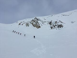 Off the glacier towards SW summit ridge