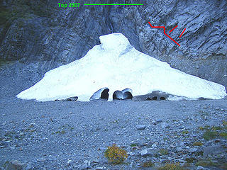 B4 avalanche cone 09-28-06. Marker line and height of 2007 cone indicated.