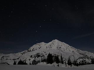 Big Dipper pivoting over moonlit Rainier, 9:08pm