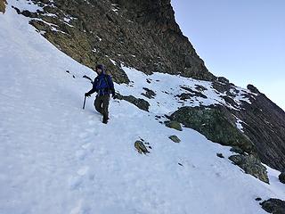 Snowy ledge traverse on the way back