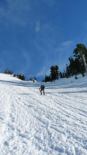 Barb above and Tish lower, working their way down the bullet-proof "snow" on Pyramid