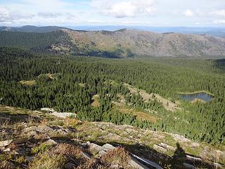 Small lakes in a high basin east of the summit. This is the headwaters of The Little North Fork of The Clearwater River.