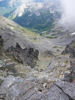 looking down the steep gully