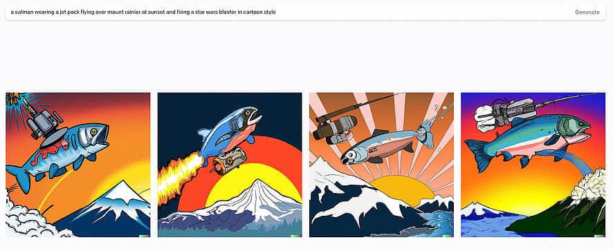a salmon wearing a jet pack flying over mount rainier at sunset and firing a star wars blaster in cartoon style