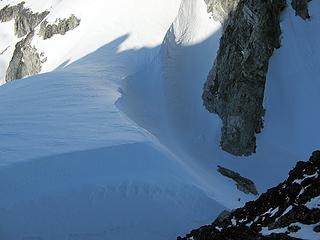 Descending into the swale (note climber at right for scale)