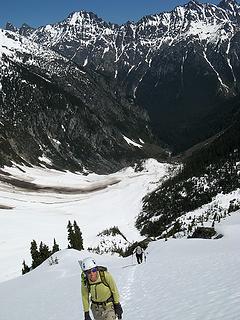 Looking back down toward our camp from atop the snow finger