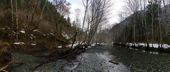 walking in the braided river instead of the brushy hillside