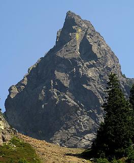 On the way back up, steep end of Gun with mountain goats at the col