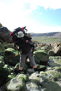 ...in the incredibly slippery tidal zone. With a very heavy pack and a bug net over her face. Pic by D.