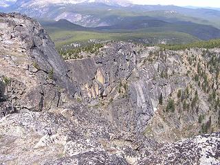 Looking from  Sadie's Summit pt. 2395m to ridge out to northern "tail"  (notice striped rocks on steep eastern slope)